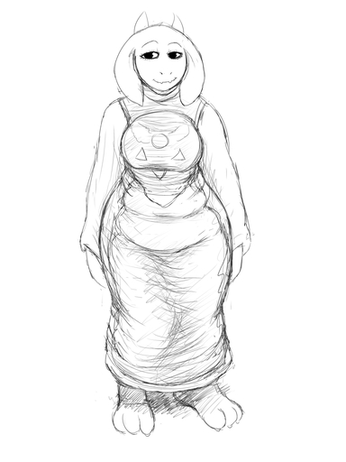 3:4 anthro barefoot biped black_and_white boss_monster bovid breasts caprine clothed clothing feet female hi_res hladilnik horn long_ears looking_at_viewer mammal monochrome smile solo toriel undertale video_games // 960x1280 // 463KB