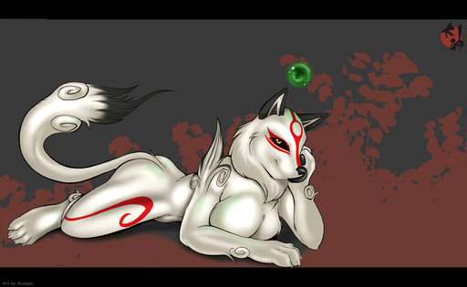 amaterasu anthro anthrofied big_breasts biped black_bars breast_squish breasts canid canine canis capcom cleavage clothed clothing conditional_dnp deity female fur issun letterbox mammal nude poncle scappo simple_background solo squish video_games white_body white_fur wolf ōkami // 1105x680 // 278.1KB