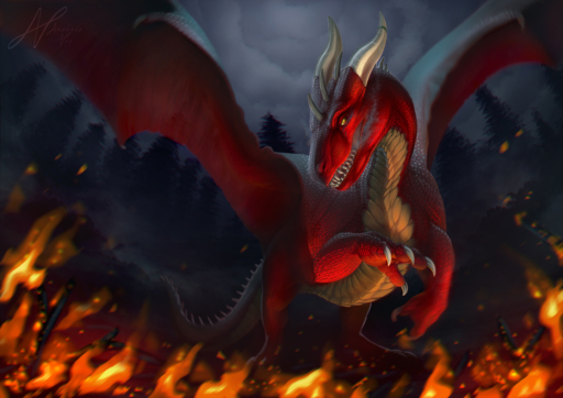 2019 averrisvis claws detailed_background digital_media_(artwork) dragon feral fire hi_res horn male membrane_(anatomy) membranous_wings night outside red_body red_scales scales scalie solo spines western_dragon wings // 1737x1228 // 2.8MB