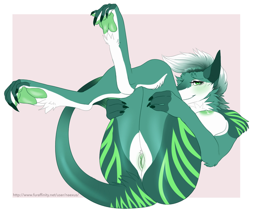 anthro breasts claws conditional_dnp eyebrows female fur genitals green_body green_eyes green_fur hair maeve_(catsithx) naexus nipples nude pussy sergal simple_background smile solo white_body white_fur white_hair // 1200x1009 // 355.0KB