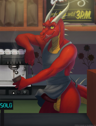 2014 anthro apron apron_only balls beverage biped bottomless clothed clothing coffee dragon erection exhibitionism horn licking licking_lips looking_at_viewer lunalei male mnementh mostly_nude penis public red_body scalie self_lick solo standing tongue tongue_out yellow_eyes // 688x900 // 367.5KB