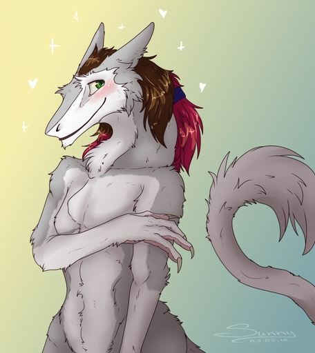 <3 blush brown_hair claws female flat_chested fur green_eyes grey_body grey_fur hair hi_res holding_arm looking_at_viewer nude ponytail sergal shy smile solo sunny_way sunny_way_(character) // 1139x1280 // 162.8KB