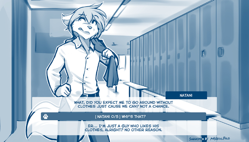 2021 7:4 ambiguous_gender anthro blue_and_white blush canid canine canis clothed clothing conditional_dnp dating_sim dialogue english_text hair hand_on_hip hi_res inside keidran locker locker_room looking_up mammal monochrome natani ponytail sketch solo text tom_fischbach twokinds webcomic wolf // 2240x1280 // 1.7MB