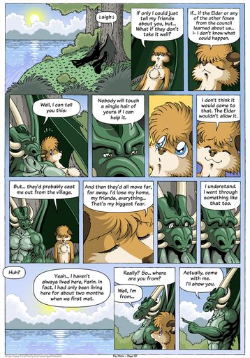 blue_eyes canid canine clothed clothing comic dialogue dragon english_text farin fox fur geminisaint green_body green_scales hi_res lying male mammal muscular muscular_male on_back plant scales sekk'ral speech_bubble tan_body tan_fur text topless tree water wings // 896x1280 // 592KB