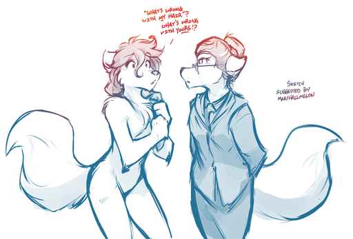2017 age_difference anthro bottomwear breasts canid canine canis chest_tuft clothed clothing conditional_dnp dialogue duo ear_piercing english_text eyewear featureless_breasts featureless_crotch female fluffy fluffy_tail glasses hair hair_bun hair_grab hands_behind_back keidran mammal mature_female monochrome nude piercing roselyn_(twokinds) simple_background sketch skirt small_breasts square_crossover text tom_fischbach touching_hair tuft twokinds webcomic webcomic_character white_background wolf // 1200x814 // 378.4KB