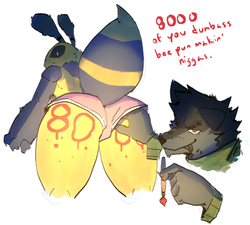 2020 anthro arthropod bee brush butt canid canine canis duo english_text female goon_(goonie_san) goonie-san hand_in_pants hand_on_butt hi_res hymenopteran insect looking_back male malefemale mammal markings mercy_(goonie-san) milestone paint paintbrush profanity simple_background smile smiling_at_viewer text tongue tongue_out white_background wide_hips wolf writing_on_body yellow_body // 2114x1904 // 2.0MB