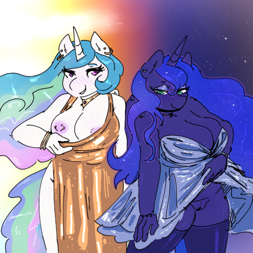 absurd_res anthro anthrofied areola big_breasts blue_body blue_hair blush breasts cleavage clothed clothing clothing_lift currentlytr_ash dress dress_lift duo ear_piercing ear_ring equid equine female friendship_is_magic genitals hair hi_res horn horse legwear mammal multicolored_hair my_little_pony nipple_outline nipples no_underwear piercing princess_celestia_(mlp) princess_luna_(mlp) pussy sibling sister sisters thigh_highs white_body winged_unicorn wings // 3000x3000 // 4.5MB