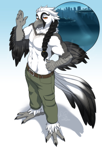 4_toes abs accipitrid accipitriform anisodactyl anthro avian beak bearded_vulture belt biceps biped bird bird_feet bottomwear clothed clothing feathered_wings feathers feet fur grey_body grey_feathers half-closed_eyes hi_res irelius kittydee looking_at_viewer male muscular muscular_anthro muscular_male narrowed_eyes navel old_world_vulture pants pecs red_sclera smile solo standing talons toes topless vulture white_body white_feathers wings yellow_eyes // 846x1280 // 603.1KB