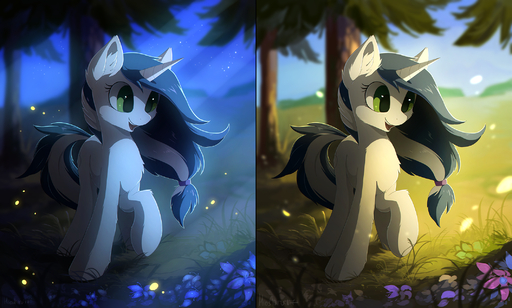 2017 black_hair cutie_mark day detailed_background equid equine fan_character female feral grass green_eyes hair hi_res hioshiru hooves horn horse mammal night outside plant smile solo unicorn white_hair // 2127x1280 // 2.3MB