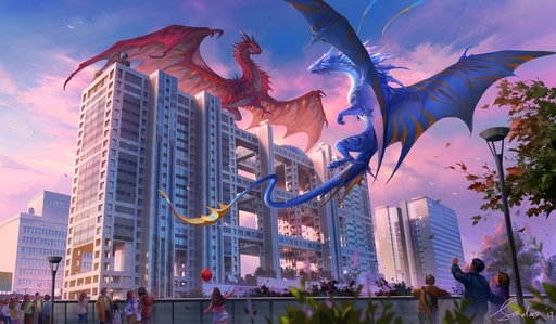 2019 amber_eyes being_watched building city claws clothed clothing cloud day detailed_background digital_media_(artwork) dragon duo_focus female feral group horn human looking_at_another male mammal membrane_(anatomy) membranous_wings outside sandara scales scalie signature sky spines western_dragon wings // 1300x760 // 431.0KB