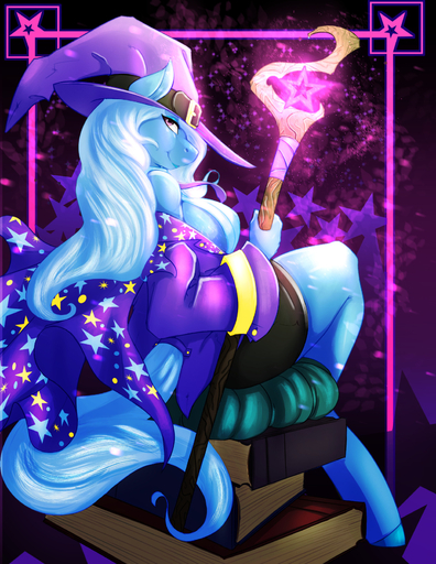 2015 anthro anthrofied avante92 biped blue_body blue_fur blue_hair book clothing equid equine female fur hair hat headgear headwear hi_res horse looking_at_viewer looking_back magic_user mammal pony purple_eyes sitting smile solo staff trixie_(mlp) witch // 1280x1656 // 669.3KB