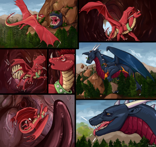 absurd_res bodily_fluids bunsen comic dragon duo erganyfox feral forest hi_res macro male mountain open_mouth oral_vore passy plant saliva scalie size_difference swallowing teeth throat tongue tree vore western_dragon // 2800x2640 // 9.4MB