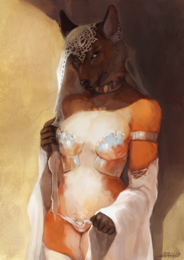 2017 anthro armlet bustier canid canine choker clothed clothing conditional_dnp digital_media_(artwork) ear_piercing female fur hi_res jewelry looking_at_viewer mammal maned_wolf metal necklace oouna panties piercing seductive simple_background skimpy solo underwear // 1697x2384 // 15.5MB