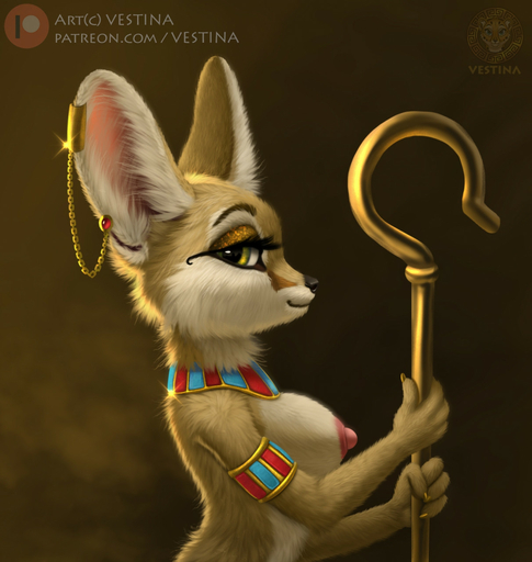 2021 ancient ancient_egypt anthro black_nose bracelet breasts canid canine crook digital_media_(artwork) ear_piercing egyptian female fennec fox fur gold_(metal) gold_jewelry half-length_portrait hi_res jewelry looking_at_viewer mammal necklace nipples nude piercing portrait side_boob side_view signature smile solo tan_body tan_fur text url vestina vulpes // 1212x1280 // 202.3KB