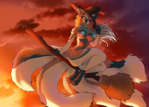 2019 anthro areola breasts broom broom_riding canid canine cleaning_tool clothed clothing day detailed_background digital_media_(artwork) female fox fur genitals hair hat hauringu headgear headwear imira magic_user mammal nipples nude outside pussy sky solo white_body white_fur witch // 1280x914 // 1.1MB