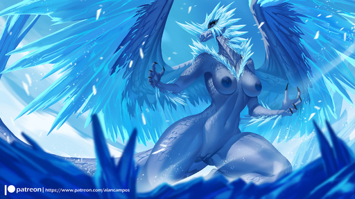 16:9 5_fingers alanscampos anthro areola biped blue_areola blue_body blue_eyes blue_nipples blue_pussy blue_scales blurred_foreground breasts claws day digital_drawing_(artwork) digital_media_(artwork) dragon elder_dragon female finger_claws fingers genitals hi_res ice navel nipples non-mammal_breasts non-mammal_nipples nude outside patreon_logo pussy scales scalie sky snow solo text url velkhana video_games widescreen wings // 2000x1125 // 609.3KB
