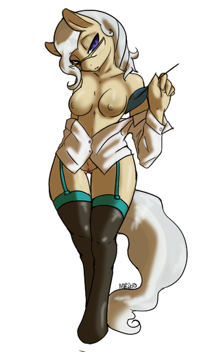 2013 anthro anthrofied avante92 blue_eyes clothing earth_pony equid equine eyewear female genitals glasses hair hi_res horse legwear loose_feather mammal mayor_mare_(mlp) pony pussy quill shirt simple_background solo stockings topwear white_background white_hair // 1146x1920 // 806.9KB