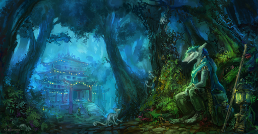 ambiguous_species anthro backpack biped clothed clothing feral forest lantern leaf looking_down male outside pagoda plant saterina sergal sitting solo staff temple tree // 1500x780 // 1.8MB