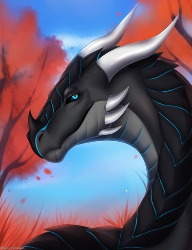 2019 black_body black_scales black_sclera blue_eyes day detailed_background digital_media_(artwork) dragon headshot_portrait hi_res horn outside padjetxharrington portrait scales sky solo // 985x1280 // 151KB