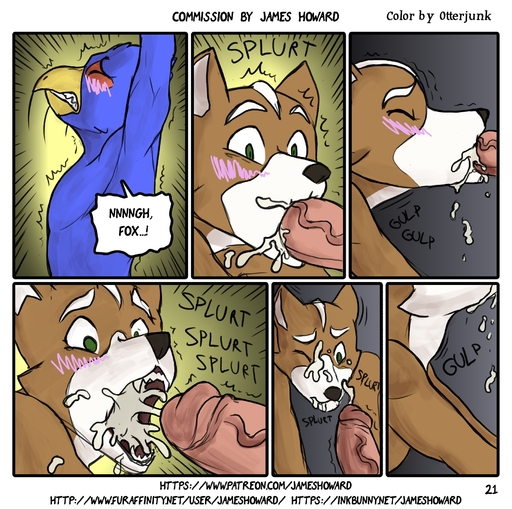 anthro avian beak bird blush bodily_fluids bound canid canine comic cum cum_in_mouth cum_inside cum_on_face cumshot cumshot_in_mouth dialogue digital_media_(artwork) dominant dominant_male drinking drinking_cum duo ejaculation english_text erection eyes_closed falco_lombardi falcon falconid foreskin fox fox_mccloud genital_fluids genitals hi_res humanoid_genitalia humanoid_penis james_howard male malemale mammal oral orgasm penis simple_background submissive submissive_male swallowing text url video_games // 1821x1809 // 1.4MB