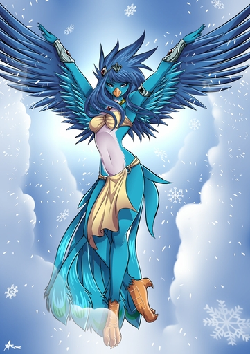 3_toes absurd_res alanscampos anthro armband avian barefoot beak biped bird_feet blue_body blue_feathers blue_fur blue_hair bottomwear breasts clothed clothing cloud cloudscape feathered_wings feathers feet female flying fur gem gold_(metal) gold_jewelry hair hi_res jewelry loincloth long_hair looking_at_viewer midriff mythological_avian mythological_firebird navel necklace non-mammal_breasts outside phoenix purple_eyes ruby_(gem) silver_(metal) silver_jewelry skimpy sky slim snowflake solo spread_wings tail_feathers talons toes ulla wings // 1748x2480 // 554.3KB