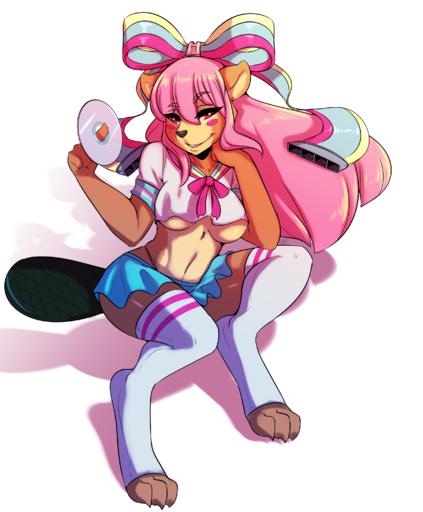 2015 absurd_res anthro avante92 beaver bottomwear breasts clothed clothing female giffany hair hi_res legwear long_hair looking_at_viewer mammal midriff navel pink_eyes pink_hair ribbons rodent skimpy skirt solo stockings under_boob // 2500x3026 // 2.5MB