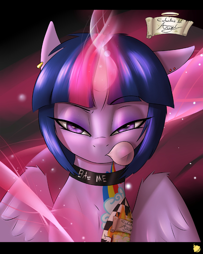 2015 4:5 absurd_res bubble bubble_gum collar cutie_mark digital_media_(artwork) equid equine feathered_wings feathers female feral friendship_is_magic fur hair hasbro hi_res horn horse mammal multicolored_hair my_little_pony pudgeruffian purple_body purple_eyes purple_feathers purple_fur purple_hair solo text twilight_sparkle_(mlp) two_tone_hair winged_unicorn wings // 2400x3000 // 4.4MB