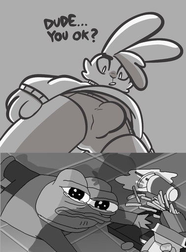 absurd_res amphibian anthro black_and_white bodily_fluids briefs buckteeth bulge cheek_tuft clothing crying duo facial_tuft fast_food food frog greyscale hi_res humor joke lagomorph leporid looking_down low-angle_view male malemale mammal meme monochrome narrowed_eyes pepe_the_frog rabbit simple_background sweater tears teeth the_xing1 topwear tuft underwear worm's-eye_view // 3000x4060 // 449.7KB