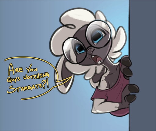 abigail_(siroc) anthro bovid caprine clothed clothing dialogue english_text eyewear female fingers glasses hi_res hooved_fingers hooves horizontal_pupils looking_around_corner mammal off_shoulder pupils sheep siroc solo text // 2666x2242 // 447.6KB