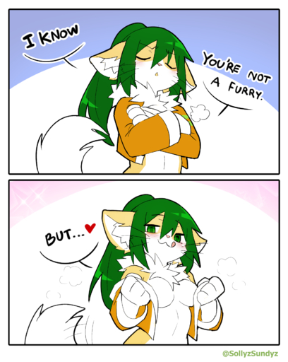 2022 anthro artist_name blep blush breasts clothing comic crossed_arms dialogue domestic_cat english_text eyes_closed felid feline felis female fluffy fur green_eyes green_hair hair hi_res kemono mammal neck_tuft ponytail sollyz solo sundyz tail_motion tan_body tan_fur text tongue tongue_out tuft undressing whiskers white_body white_fur // 1554x1950 // 745.6KB