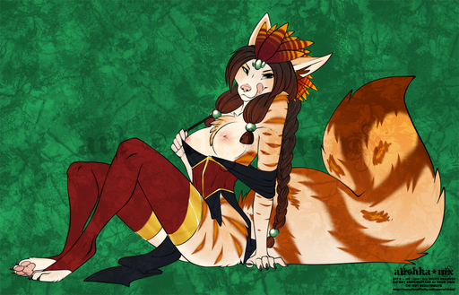2019 4_toes 5_fingers alishka anthro areola braided_hair breasts brown_body brown_fur canid canine digital_media_(artwork) feet female fingers fur green_eyes hair looking_at_viewer mammal nipples pawpads pink_pawpads solicia solo toes // 1280x823 // 1.3MB