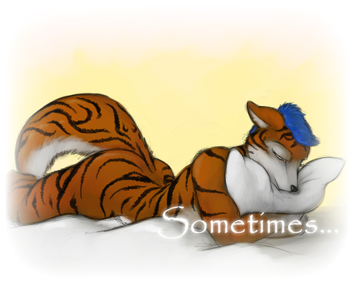 5:4 anthro bed biped blue_eyes blue_hair blue_mood embrace english_text felid female fur furniture hair hug hugging_pillow ipoke lonely lying mammal nude on_front orange_body orange_fur pantherine pillow sharutha simple_background solo stripes text tiger // 1280x1024 // 503.3KB
