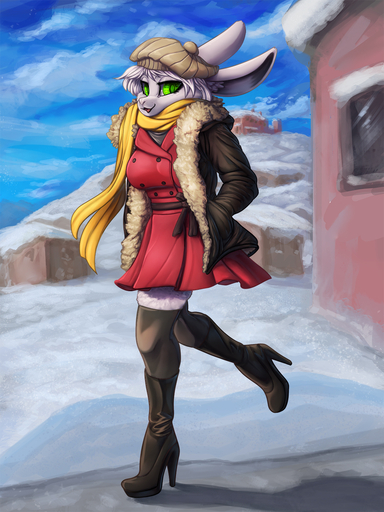 anthro black_high_heels brown_clothing brown_jacket brown_topwear building clothing cloud day dress female fur general-irrelevant green_eyes hair hand_in_pocket hat headgear headwear hi_res jacket lagomorph leporid mammal on_one_leg outside pockets rabbit red_clothing red_dress scarf smile snow solo standing topwear white_body white_fur white_hair yellow_scarf // 1080x1440 // 886.5KB
