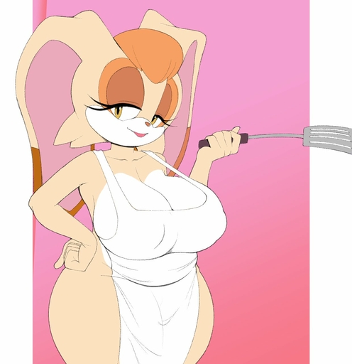 anthro apron apron_only big_breasts breasts cleavage clothed clothing female hi_res kappa_spark lagomorph leporid looking_at_viewer mammal mostly_nude rabbit solo spatula tools vanilla_the_rabbit yellow_eyes // 1240x1280 // 111.7KB