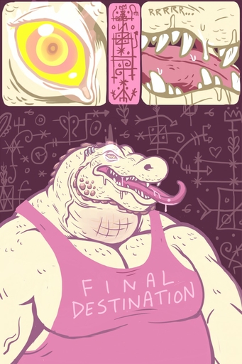 alligator alligatorid anthro bodily_fluids close-up clothing crocodilian dramamine eyebrow_piercing facial_piercing glowing glowing_eyes growling hi_res hypnosis hypnotizing_viewer looking_at_viewer male mind_control mouth_shot muscular muscular_anthro muscular_male open_mouth pecs piercing pink_clothing pink_shirt pink_tank_top pink_topwear reptile ringed_eyes saliva scalie segremores shirt solo tank_top teeth text text_on_clothing text_on_shirt text_on_tank_top text_on_topwear thick_neck tongue tongue_out topwear veves yellow_eyes // 853x1280 // 202.5KB