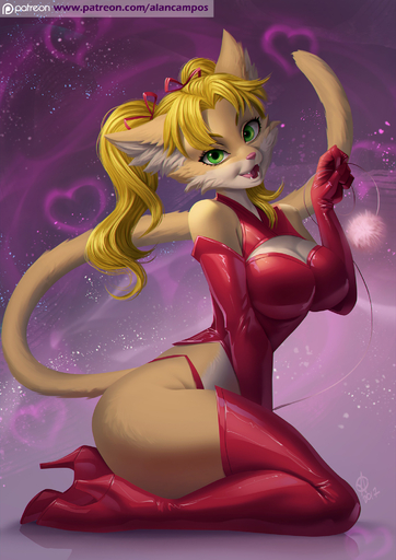 alanscampos anthro biped blonde_hair breasts brown_body brown_fur clothed clothing domestic_cat eyelashes felid feline felis female fur green_eyes hair hi_res kneeling mammal open_mouth smile solo teeth tongue // 1414x2000 // 798KB