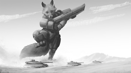 16:9 2019 armor body_armor canid canine clothed clothing cloud fox fully_clothed greyscale gun holding_gun holding_object holding_weapon ipoke looking_down macro mammal monochrome mountain outside ranged_weapon sky tank vehicle weapon widescreen // 960x540 // 326.8KB