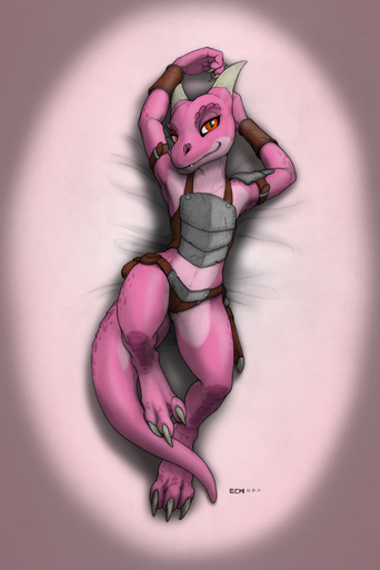 3_toes anthro armor arms_above_head barefoot bedroom_eyes biped claws color_edit colored digitigrade ecmajor edit feet female flat_chested half-closed_eyes hi_res horn kobold looking_at_viewer lord_ocean lounging lying narrowed_eyes on_back pose scalie seductive simple_background smile solo toes wide_hips // 975x1459 // 2.6MB