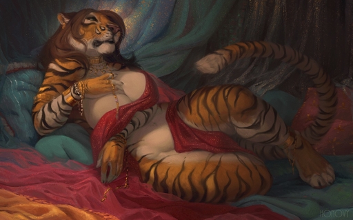 anthro bed big_breasts breasts brown_hair clothed clothing convenient_censorship felid female fur furniture hair hervy_(uchoa) honovy inside jewelry long_hair lying mammal mostly_nude navel on_bed pantherine pillow skimpy solo striped_body striped_fur stripes tiger whiskers // 1280x798 // 176.3KB
