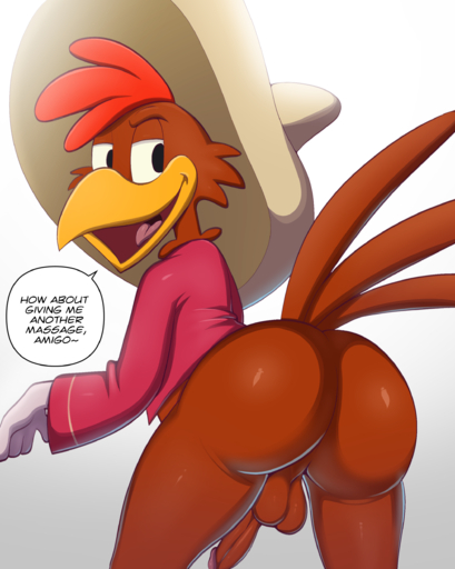 absurd_res anthro avian backsack balls beak big_butt bird bottomless brown_balls brown_penis brown_perineum butt butt_focus chicken clothed clothing dialogue disney english_text erection galliform gallus_(genus) genitals glans hat headgear headwear hi_res inviting jerseydevil looking_back male open_mouth panchito_pistoles penis perineum phasianid pink_glans solo sombrero speech_bubble talking_to_viewer text the_three_caballeros tongue yellow_beak // 1997x2500 // 1.6MB