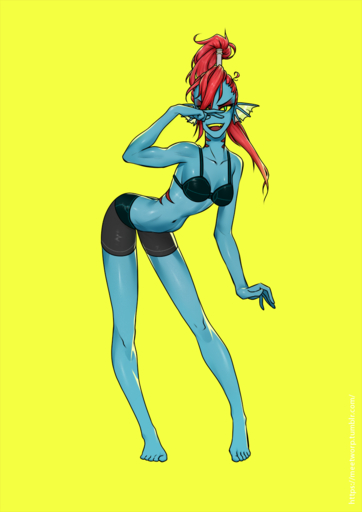 animal_humanoid arched_back bent_over blue_body blue_skin breasts cleavage clothed clothing female fish fish_humanoid hair hi_res humanoid johnfoxart long_hair looking_at_viewer marine marine_humanoid meetworp open_mouth red_hair simple_background smile solo standing underwear undyne video_games yellow_eyes // 919x1300 // 299.5KB