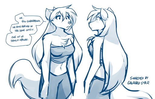 2019 alternate_species anthro anthrofied blue_and_white blush breasts canid canine canis chest_tuft cleavage clothed clothing conditional_dnp confusion dialogue duo english_text face_to_face female horn keidran lady_nora mammal midriff monochrome navel raine_silverlock simple_background sketch text tom_fischbach tuft twokinds webcomic webcomic_character white_background wolf // 1518x972 // 507.0KB