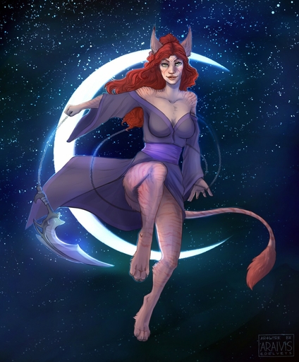 4_toes 5_fingers anthro araivis-edelveys barefoot biped breasts clothed clothing detailed_background digitigrade eyelashes feet felid female fingers hair hi_res holding_object holding_weapon mammal night outside red_hair sky smile solo star starry_sky toes weapon // 1059x1280 // 232.4KB