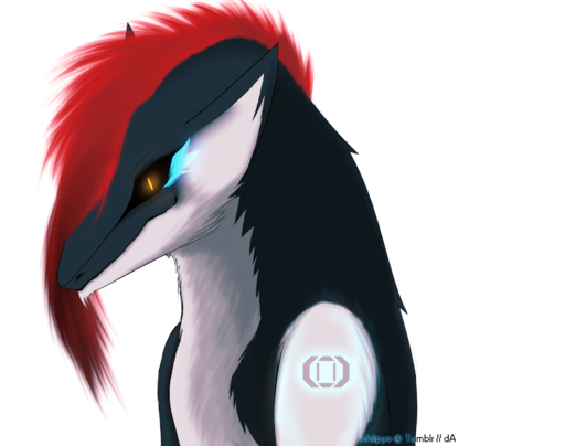 ambiguous_gender anthro black_sclera celldweller chiipyo fixt hair hi_res klayton_(celldweller) red_hair sergal simple_background solo white_background yellow_eyes // 1900x1500 // 2.4MB