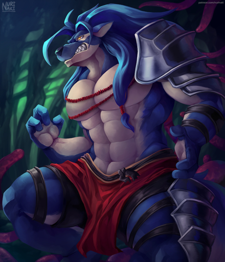2018 anthro armor blue_body blue_fur blue_hair bottomwear canid canine canis clothed clothing countershading duga_(shining) fangs forest fur hair loincloth long_hair male mammal muscular muscular_anthro muscular_male nurinaki plant solo tentacles text tree unconvincing_armor url video_games wolf // 859x1000 // 1.0MB