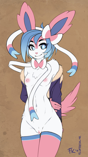 2019 anthro anthrofied areola blue_hair breasts chest_tuft eeveelution female fluff-kevlar genitals hair hands_behind_back hi_res looking_at_viewer nintendo nipples pokemon pokemon_(species) pokemorph pussy short_hair simple_background small_breasts smile solo sylveon tuft video_games // 712x1260 // 1.7MB