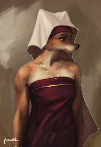 2017 anthro biped black_nose blurred_background bracelet canid canine cheek_tuft clothed clothing digital_media_(artwork) digital_painting_(artwork) dress eyebrows eyelashes facial_tuft female fox fur hi_res jewelry maid_marian mammal multicolored_body multicolored_fur necklace pixelsketcher red_clothing red_dress signature solo tuft two_tone_body two_tone_fur wimple // 902x1320 // 949.9KB
