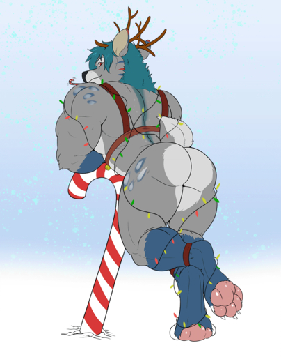 2020 2d_animation abs animated ankle_band anthro antlers arm_support back_muscles bell bell_harness biceps blue_hair butt candy candy_cane cervid christmas christmas_lights claws crossed_legs dessert feet food food_in_mouth fur grey_body grey_fur hair harness hi_res holidays horn hybrid jingle_bell jingle_bell_harness leaning leaning_on_object looking_at_viewer looking_back male mammal muscular muscular_anthro muscular_male nude pawpads pecs quads rear_view red_eyes short_playtime slideshow snow snowing solo standing toe_claws triceps zourik // 946x1200 // 5.9MB