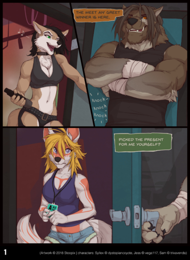 2018 anthro biceps big_biceps biped brown_body brown_hair canid canine canis clothed clothing collar comic coyote dialogue english_text female fur hair hi_res jessica_vega long_hair male mammal midriff muscular muscular_male navel stoopix syllex text text_on_collar // 1191x1628 // 1.5MB