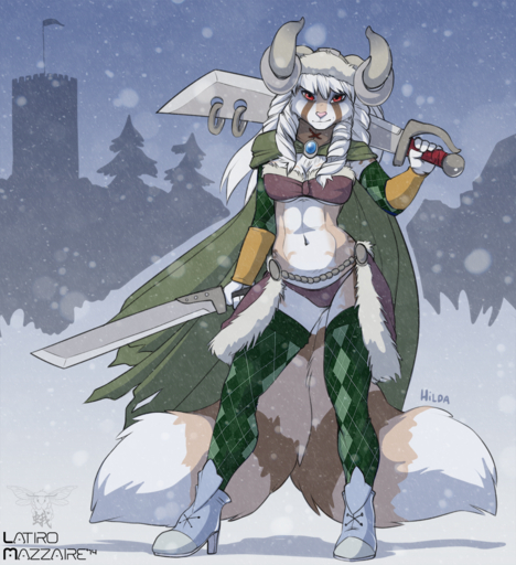 2014 ailurid anthro armor barbarian biped bra cape clothing digital_media_(artwork) dual_wielding female flag footwear headgear helmet hi_res high_heels hilda_(latiro) holding_object holding_sword holding_weapon horn left_handed legwear looking_at_viewer mammal melee_weapon multi_tail outside red_eyes red_panda shoes smile snow solo stockings sword thong tower underwear viking weapon winter wolfy-nail // 1170x1280 // 2.1MB